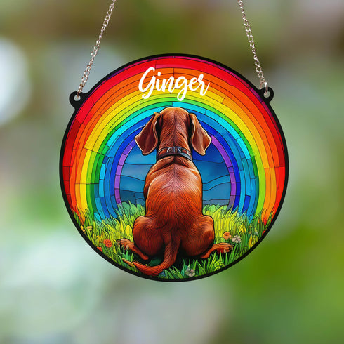 Dachshund Red Rainbow Bridge Personalised Stained Glass Effect Suncatcher